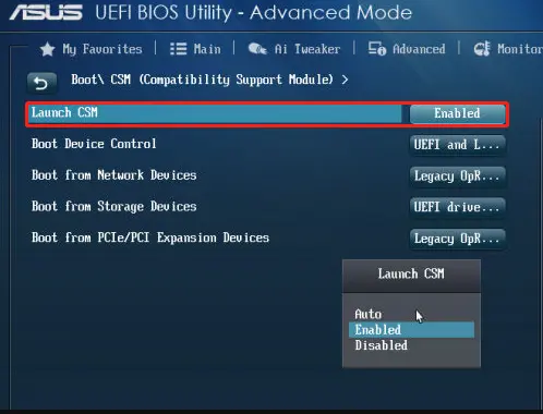 CSM support in BIOS